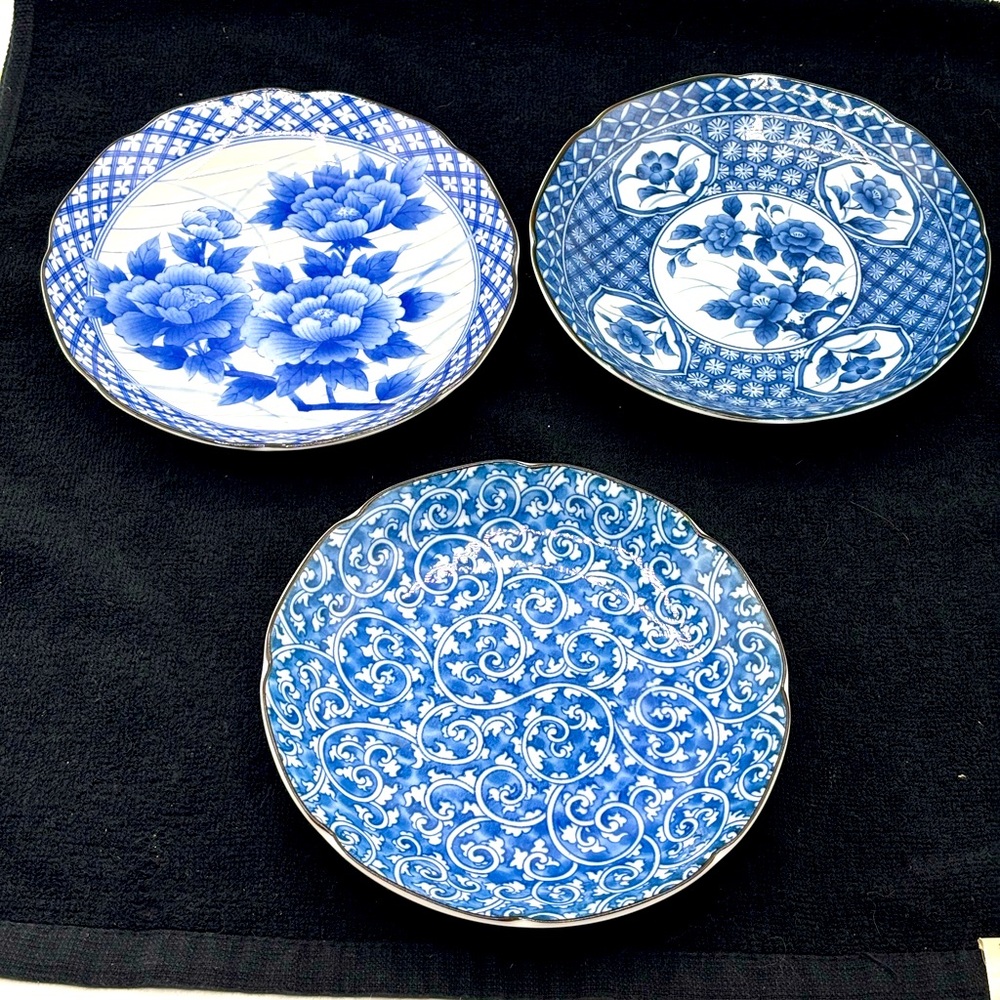 Set of Three vintage Takahashi porcelain blue white saucer dipping plate Japan